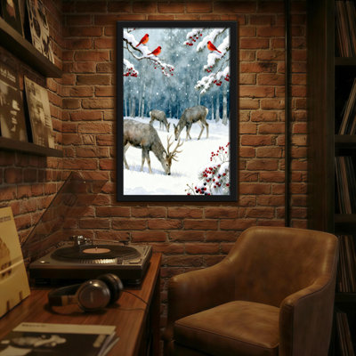 Animaux, hiver, forêt, cerf et oiseaux