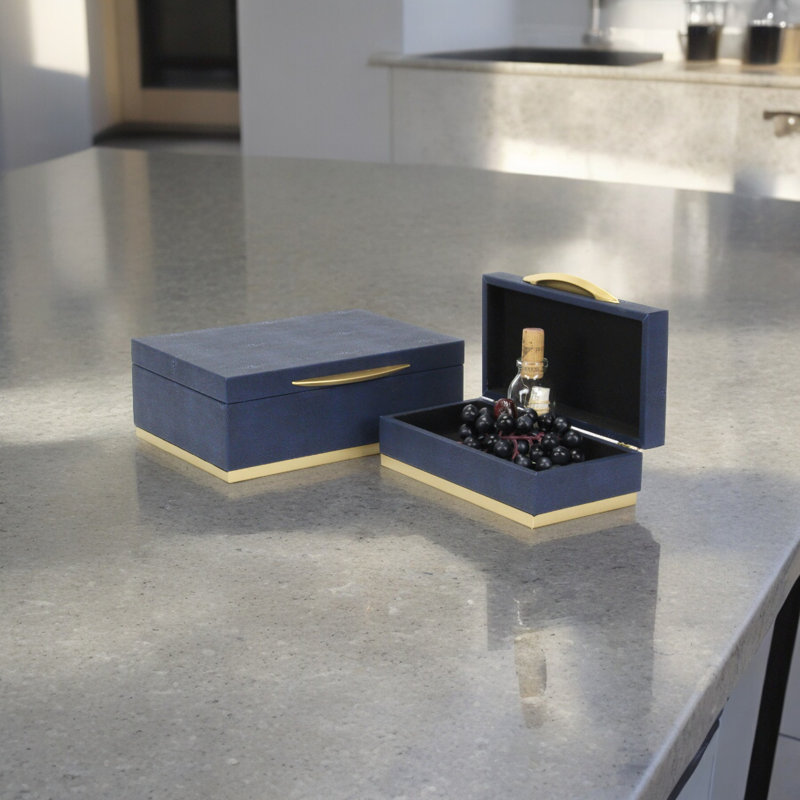 Zynova Rectangular Gold Accented Box Set - Cream Faux Shagreen, Cream, 4.25”H x 11.75”W x 9”D