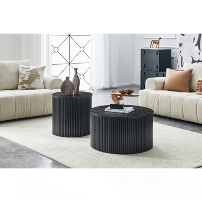 2-Piece Nesting Coffee Table Set, Roman Column Design MDF Round Tables with Built-in Storage, Black Wood Grain Stylish Side Tables for Living Room Bedroom