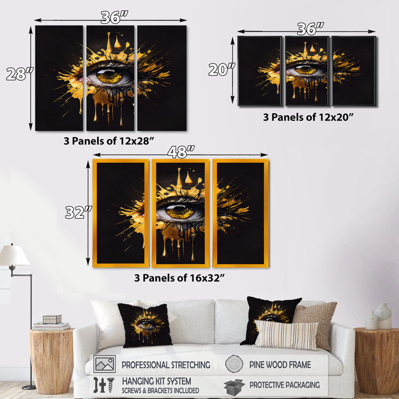 Œil liquide noir et or II - reproduction de 3 pièces, H 28 po x l 36 po x P 1 po, Encadré naturel