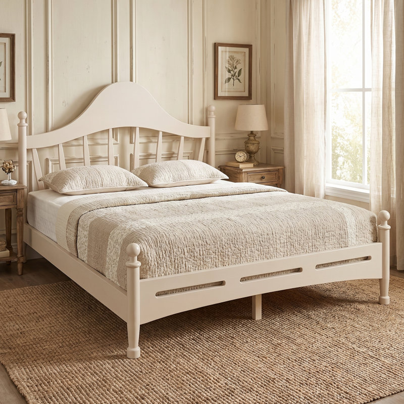 Lit à baldaquin en bois avec tête de lit et pied de lit, Grand lit, Beige