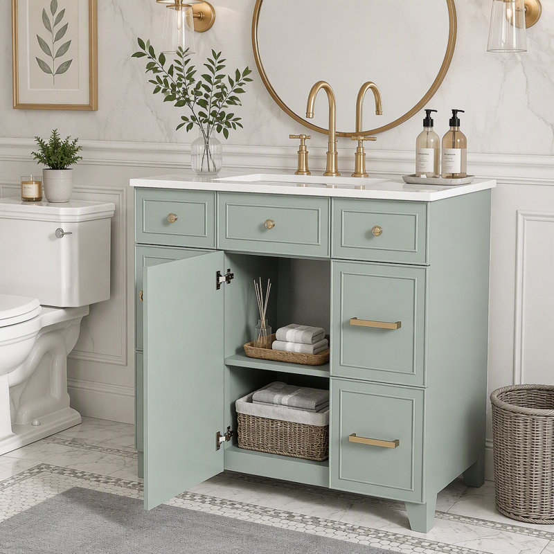 Meuble-lavabo double de 91 cm avec lavabo, armoire de rangement autoportante avec portes et tiroirs