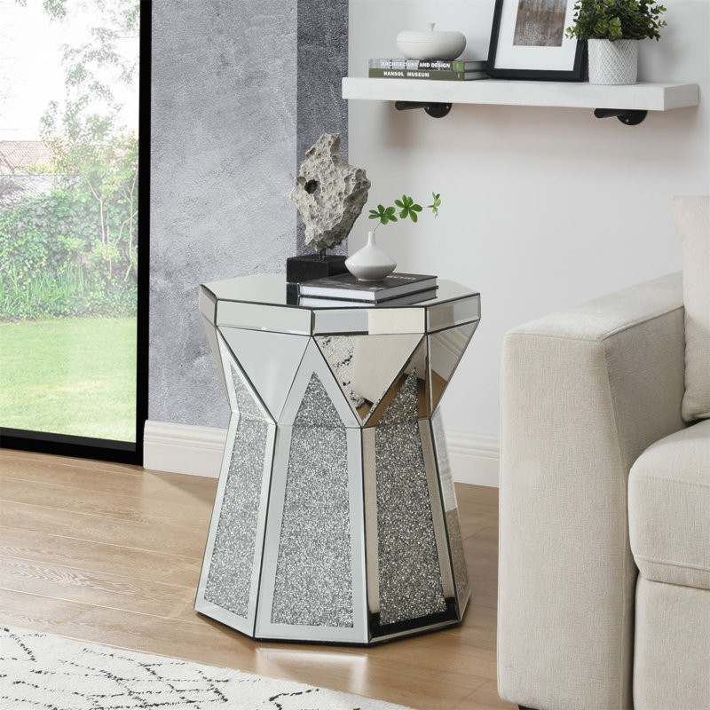 Drum Style Coffee Table With Mirror Crystal Inlay, Polygonal Silver Decorative Table, Modern Design Luxury Modern Furniture, 20 Inch Low Coffee Table, Suitable