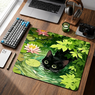  Rubber Mouse Pad, Smooth Microfiber Surface, Non-Slip Base, Rounded Edge Decorative Mouse Mat for Office & Gaming,12×8 Inch ,Black Cat Lotus Pond