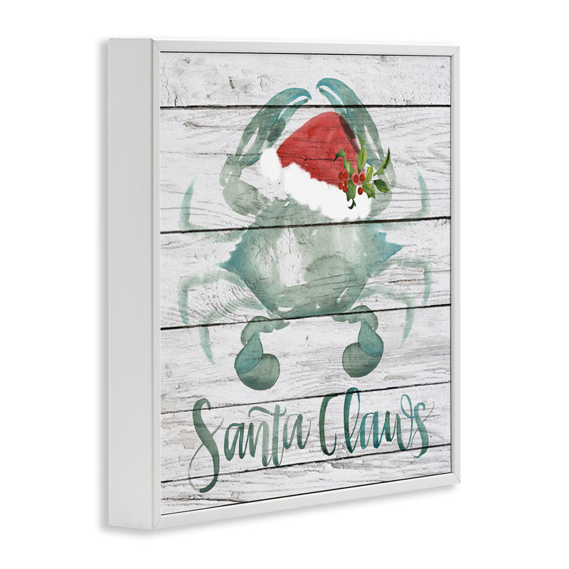 Santa Claws Blue Crab Nautical Pun Christmas, Coastal White Framed Giclee, 17" H x 17" W