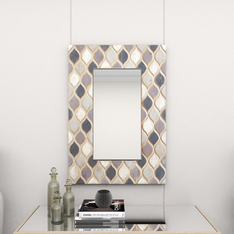 Wood Beige Wall Mirror with Diamond Pattern