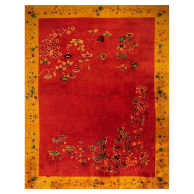 1920s Modern Red Field Asymmetrical Knotted Wool Antique Chinese Art Deco Carpet