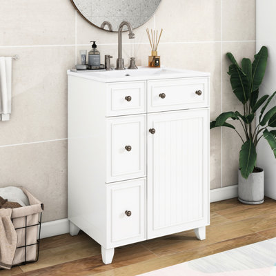 24-Inch Bathroom Vanity With Ceramic Sink. Space Saving For Bathrooms. 2 Drawers, 1 Door. Construction. White 24" Cabinet. Small Spaces. .