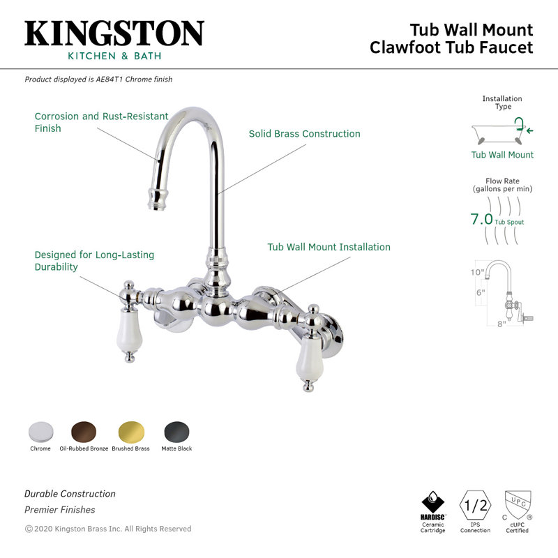 Kingston Brass Aqua Vintage Two-Handle 2-Hole Tub Wall Mount Clawfoot Tub Faucet, Brushed Brass