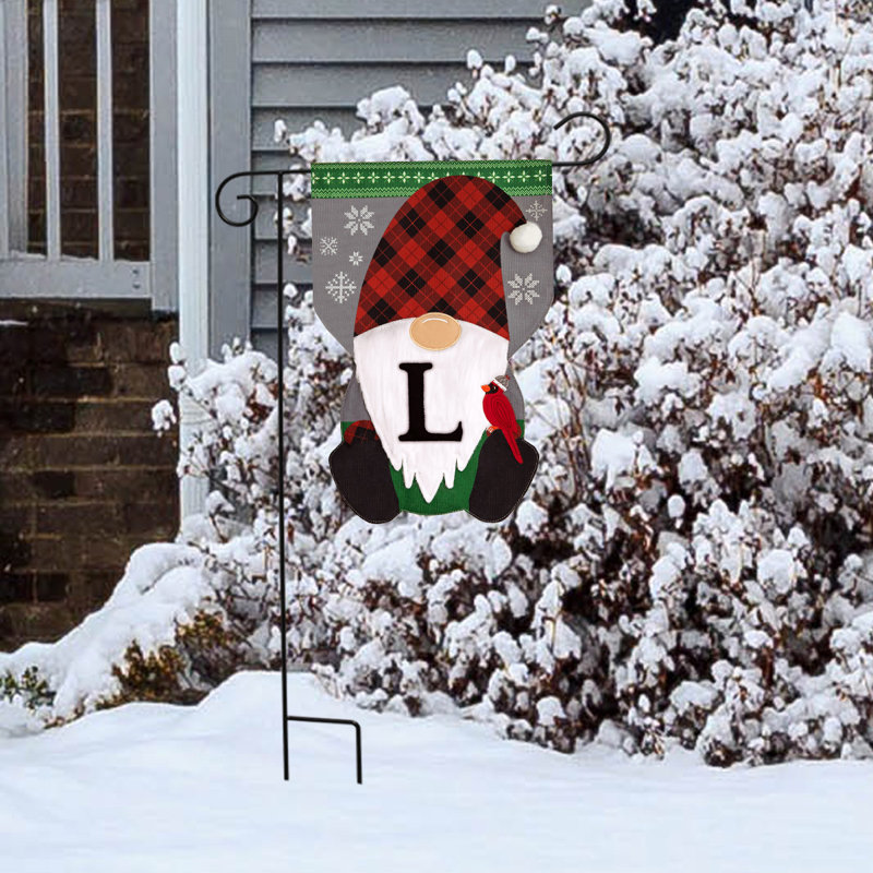 Gnome d'hiver, monogramme de la lettre L, drapeau de jardin