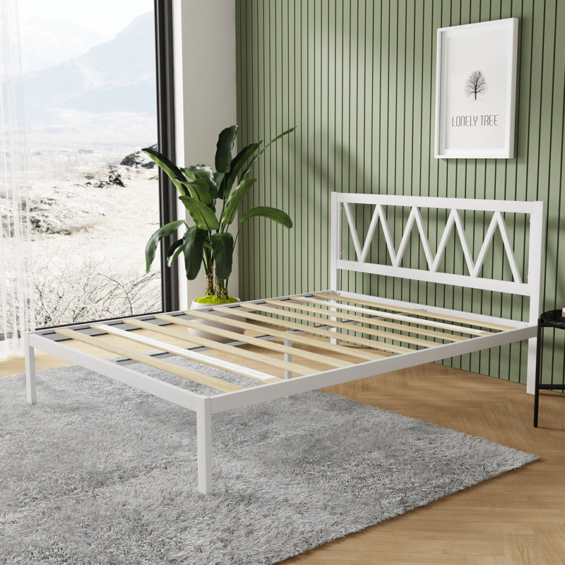 38" Metal Platform Bed Frame with Headboard, Queen, White
