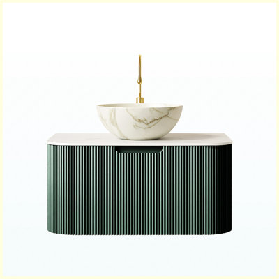Meuble-lavabo flottant 30 po avec lavabo, armoire de rangement en contreplaqué rayé à bords arrondis avec tiroir, vasque en céramique blanc mat et plateau en pierre frittée, pré-assemblé, vert foncé