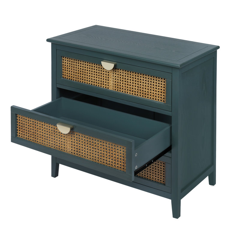 Chused 3 Drawer Accent Cabinet Dresser, Rattan Chest Drawers, Storage Cabinet with Metal Handles, Navy Blue