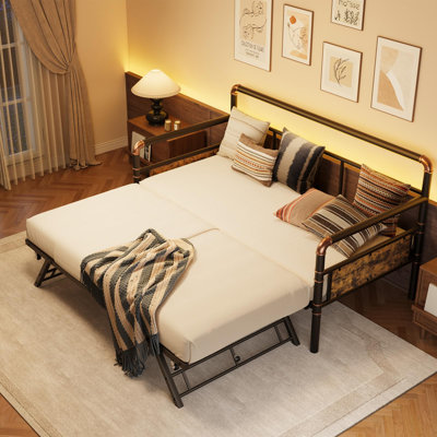 Daybed with Trundle Bed, Twin Bed Frame with Steel Slats, Sofa Bed Frame with Strong Supports for Living Room, Bedroom, Brown