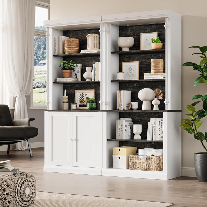5 Tier Adjustable Bookcase with LED Lights, Roman Column Bookshelf, Open Shelves & Dual-Door Storage Cabinet