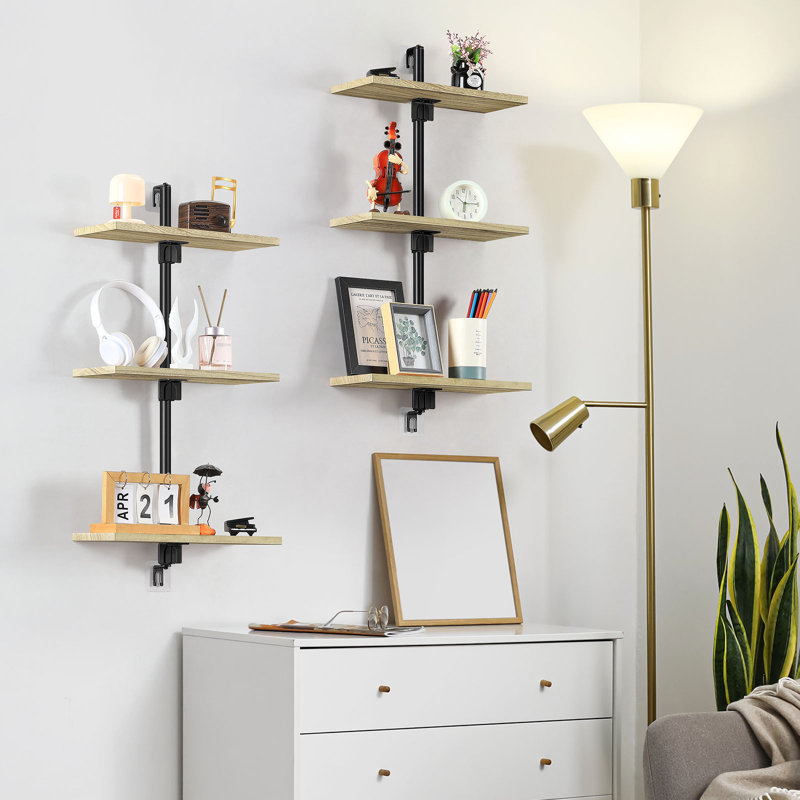 3-Tier Floating Shelves With Nature Pinewood & Stainless Steel, Double-Tier Wall Mounted Shelf For Bathroom, Office, Living Room