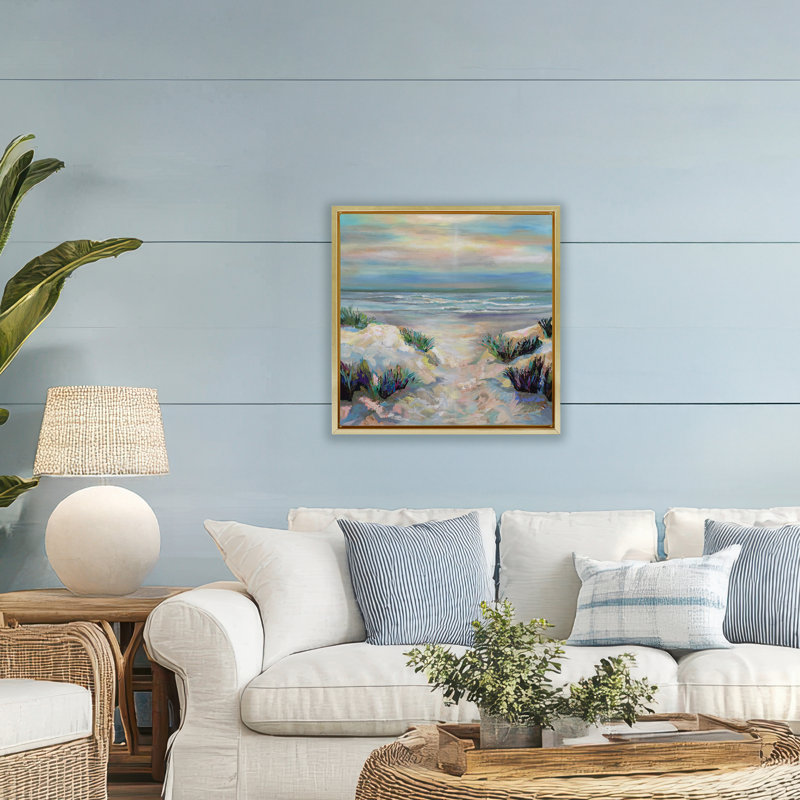Cadre flottant Sanctifier Beach Sunrise, design par Jeanette Vertentes, H 25 po x l 25 po, Cadre flottant métallique doré