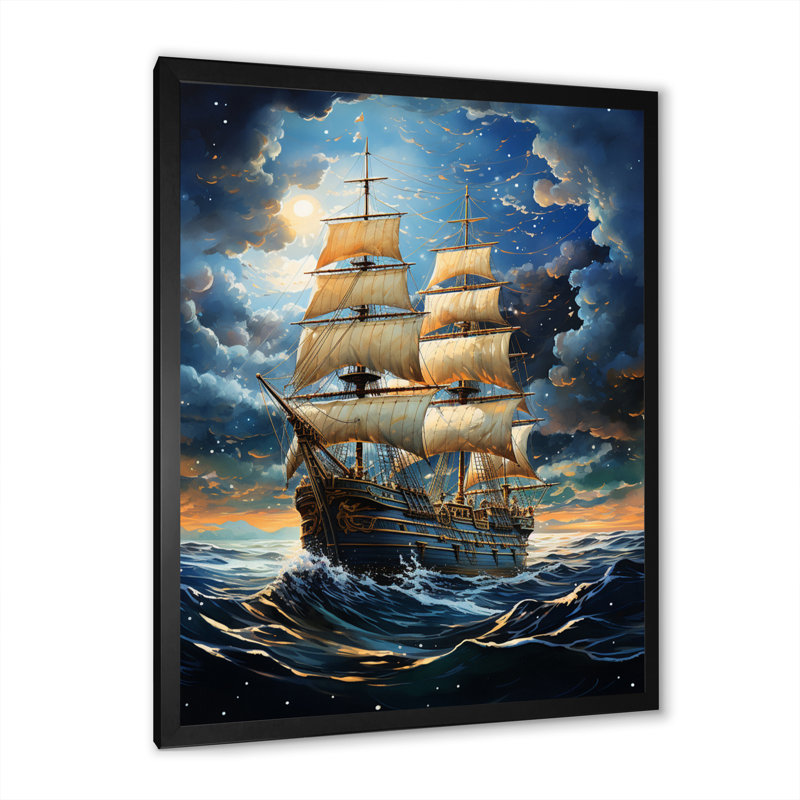 Pirate Boat Silent Nightfall - Nautical & Beach Canvas Wall Art, Cadre photo noir, H 20 po x l 12 po x P 1 po