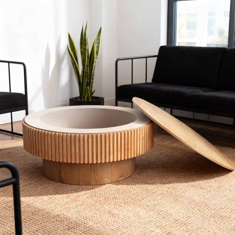Table basse 31,5 po ronde avec rangement Table d'appoint moderne en placage de bois massif pour salon, chambre à coucher, appartement ou bureau, bois naturel