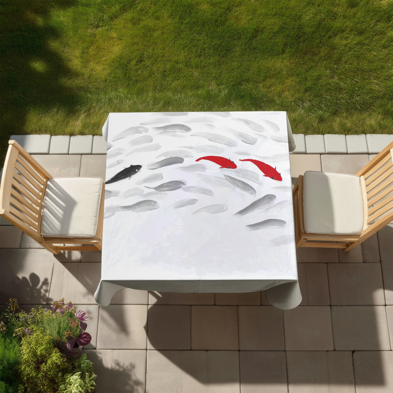 Swimming Fish Wave Tablecloth | Asian Aquatic Decor Indoor Outdoor