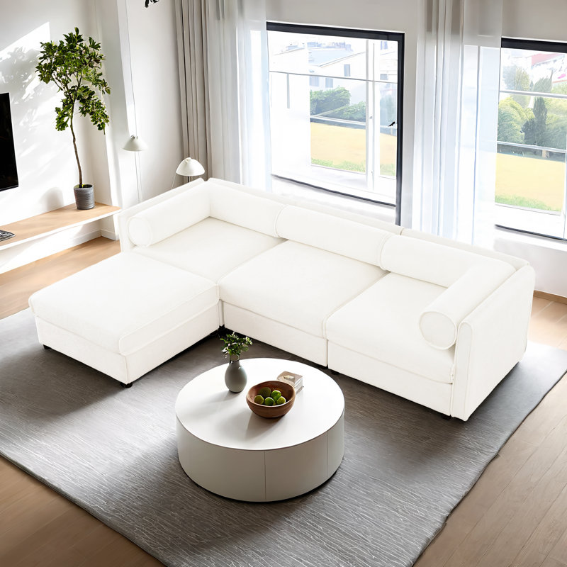 Chenille Sectional Couch With Ottoman L Shapped Sectional Sofa With Storage, White Chenille