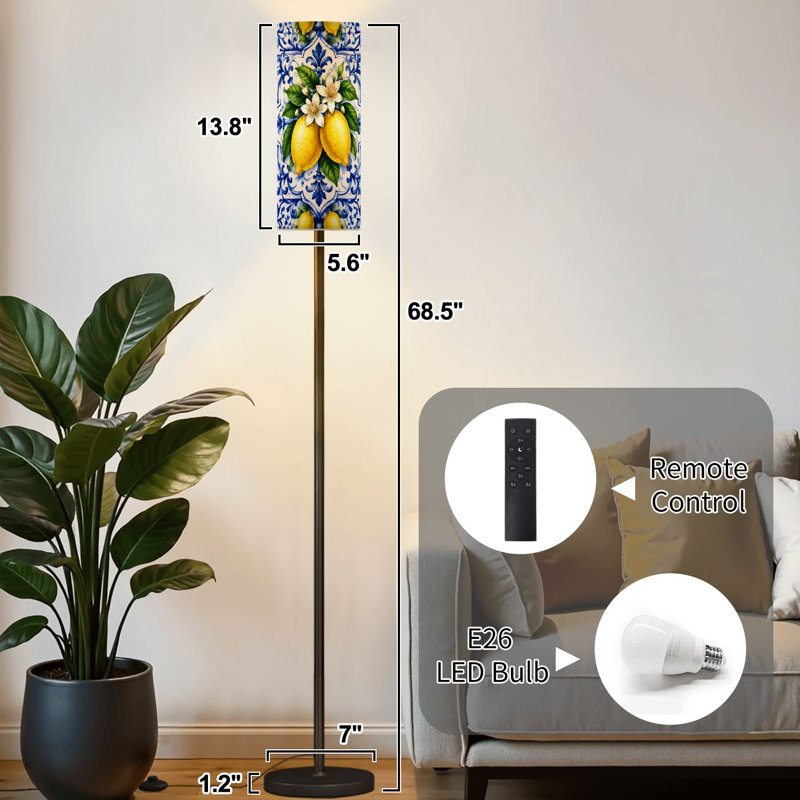 Lampe sur pied à carreaux décoratifs bleu citron de style méditerranéen à intensité variable avec télécommande et pédale avec abat-jour et abat-jour pour lampe de coin