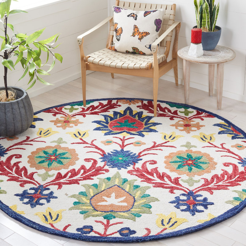 Blossom Hand Tufted Wool/Cotton Oriental Rug in Orange/Ivory/Green, Round 6'