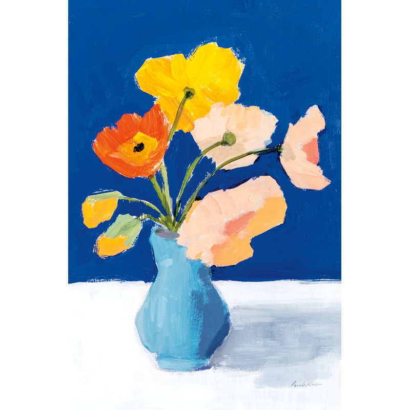 Coquelicots sur fond bleu, H 30 po x l 20 po, Toile tendue, Non