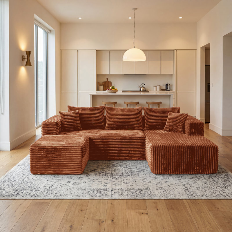 Canapé modulaire en U modulaire en forme de U, canapé en flanelle rembourré avec repose-pieds et ressorts ensachés, canapé modulaire à compression avec 5 coussins sans assemblage, bleu