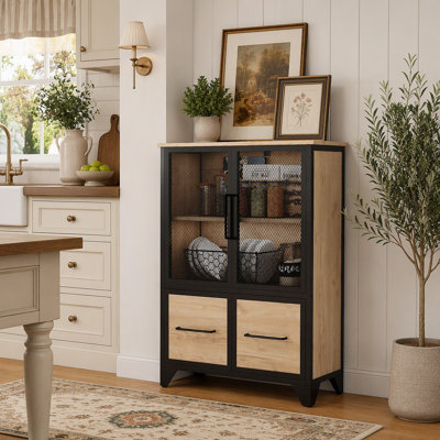 Armoire de rangement avec 4 portes en fer, poignée en métal noir, buffet avec tablette réglable, cadre en métal robuste noir et pieds en métal, facile à assembler, pour le salon, la cuisine, noir et naturel