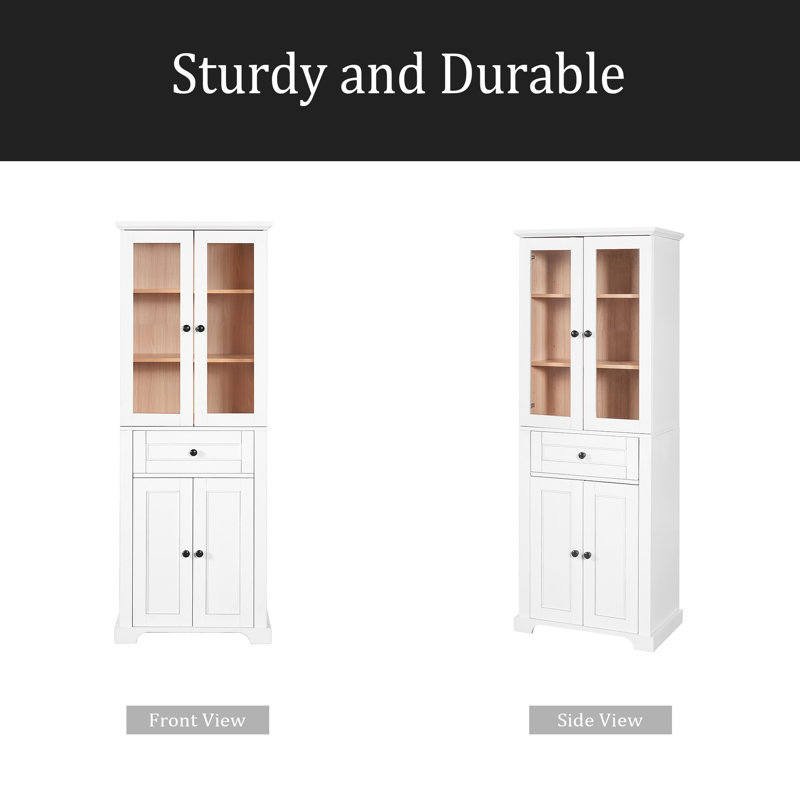 Tall Bathroom Storage Cabinet With Tempered Glass Doors, Adjustable Shelves & Drawer – Modern Freestanding Linen Tower, Soft-Close Design