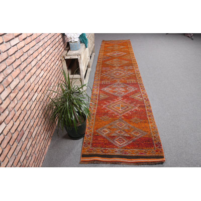 Superbe tapis turc Herki noué à la main en laine rose, idéal pour les couloirs et les escaliers