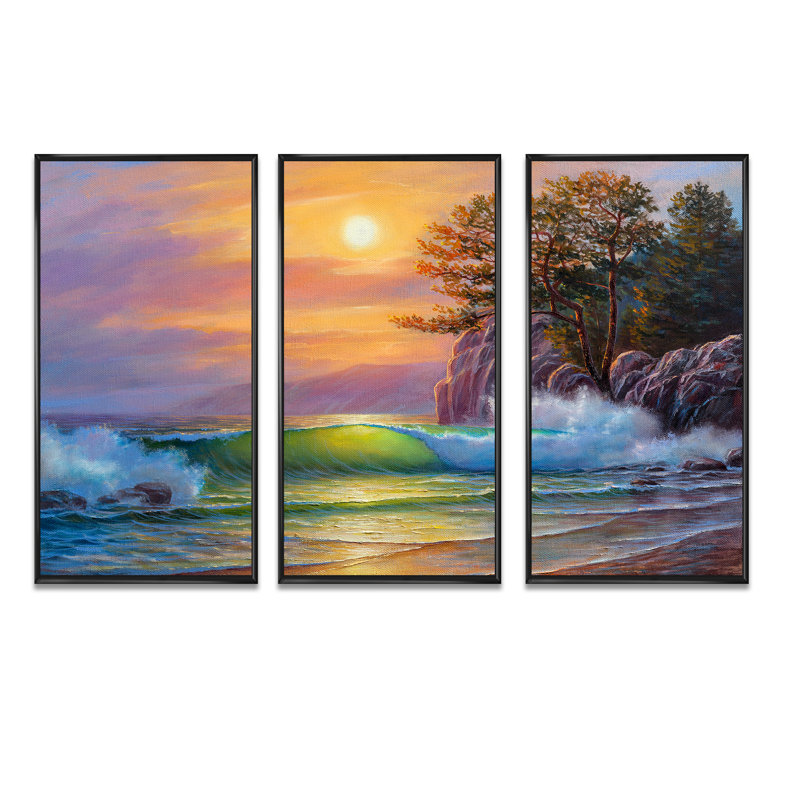 «Morning Sun on Sea Waves» par les pins - ensemble d'art mural encadré nautique et côtier sur 3, H 20 po x l 36 po x P 1 po