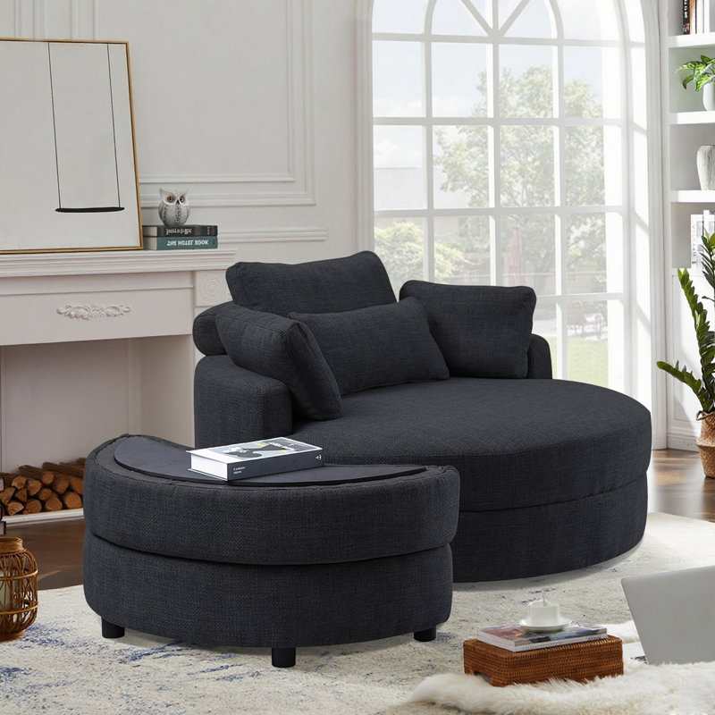 51.2-inch Round Sofa Made Of Linen Fabric, Paired With A Half-moon-shaped Storage Footrest - A Modern And Stylish Seating Design Suitable For Both Living Room And Bedroom, Featuring Both Practicality And Space-saving Features.