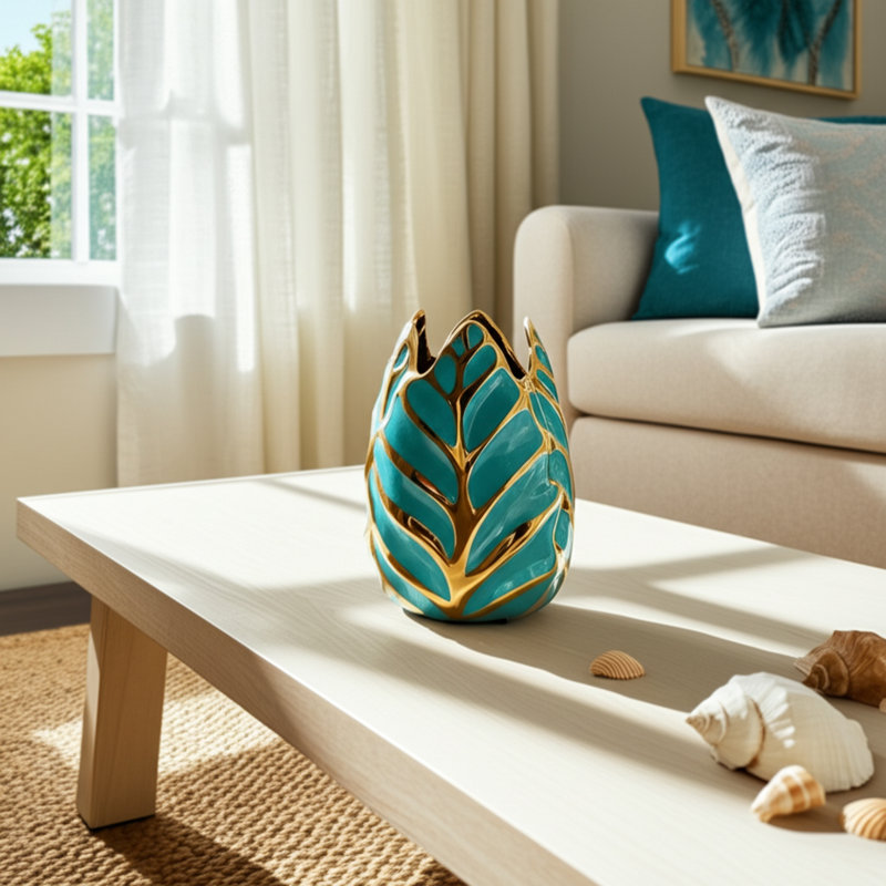 Karla Modern Stoneware Ceramic Vase with Textured Decorative Design, Turq/Teal
