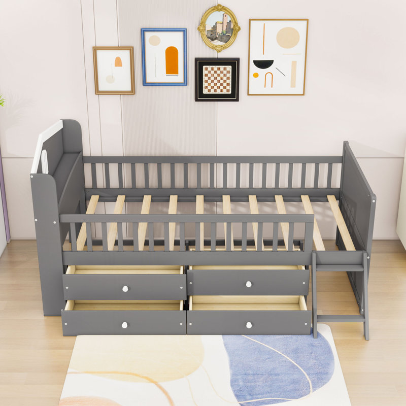 Structure de lit simple en bois avec rangement 4 tiroirs, gris