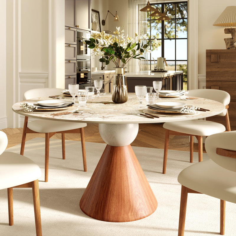 Ensemble de table et de chaises de salle à manger en pierre frittée de style bistro pour 2 à 8 personnes., Crème, 3