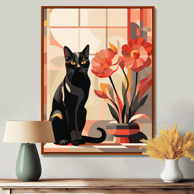 Chat rétro noir assis près de fleurs rouges - chat, art mural dans le salon, Toile avec cadre brun
