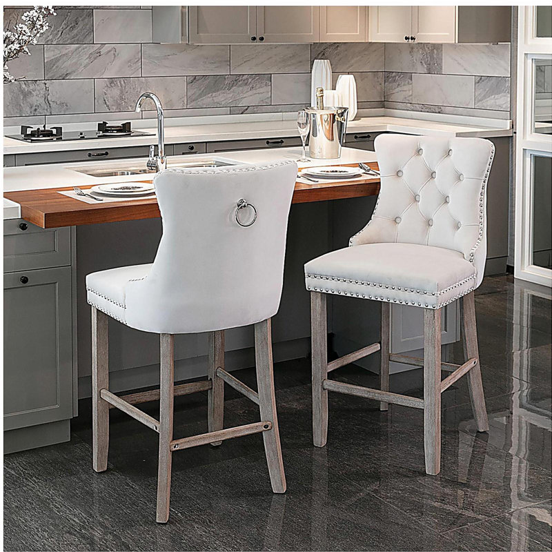 Velvet Upholstered Bar stools with Chrome Nailhead Trim and Wooden Legs (Beige,Set of 2), Beige