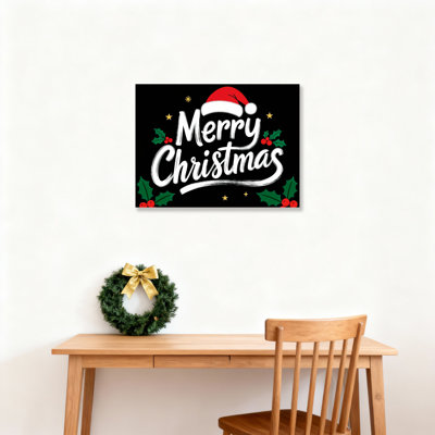 Merry Christmas Holiday Sign With Santa Hat And Holly Leaves Canvas Wrapped Wall Art Oil Painting Print Set Of 1