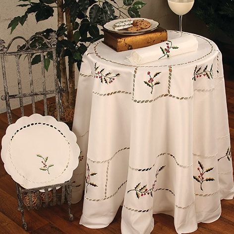 Holly Berry Embroidered Cutwork Round Tablecloth