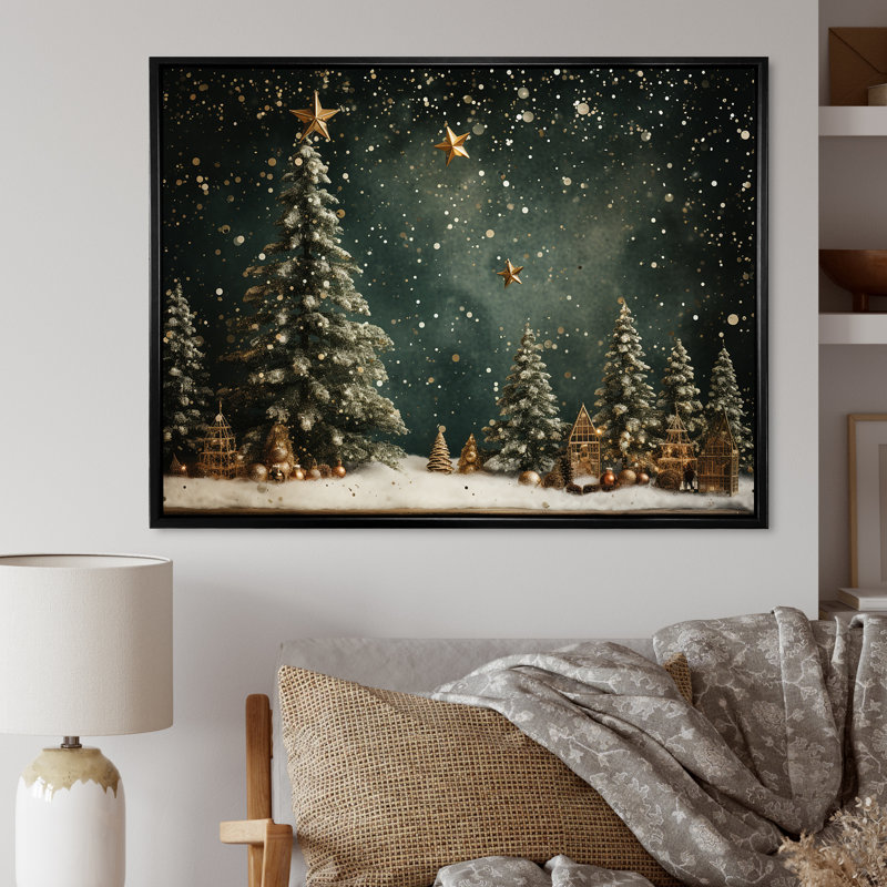 Décoration de sapin vert de Noël - Art mural sur toile de pin, H 16 po x l 32 po, Noir, Reproduction avec cadre flottant