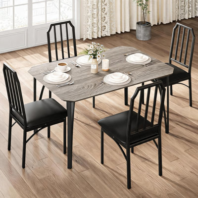Space-Saving 5-Piece Dining Table Set for 4 - Rectangular Kitchen Table & 4 Chairs - Chamfered Edges, Upholstered Leather-Cushioned Seats, Easy Assembly - for Apartments - 1+4 Set Grey