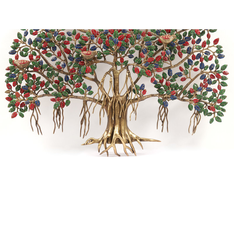 Handmade 30-Inch Brass Bodhi Tree Wall Hanging with Inlay Work – Colorful Spiritual Enlightenment Décor, Birds & Mosaic Leaves for Meditation Room, Living Room, or Entryway