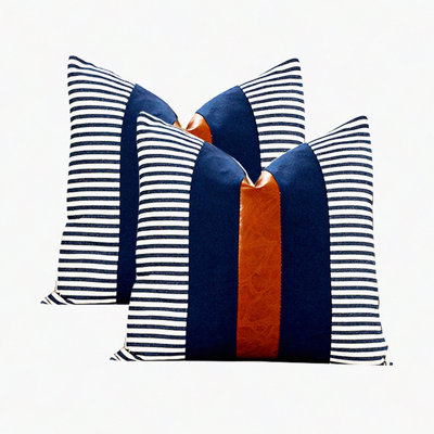 Farmhouse Stripe Leather Accent Pillow Set - Modern Boho Patchwork Cushion Cover for Couch Sofa Bed - Decorative Case