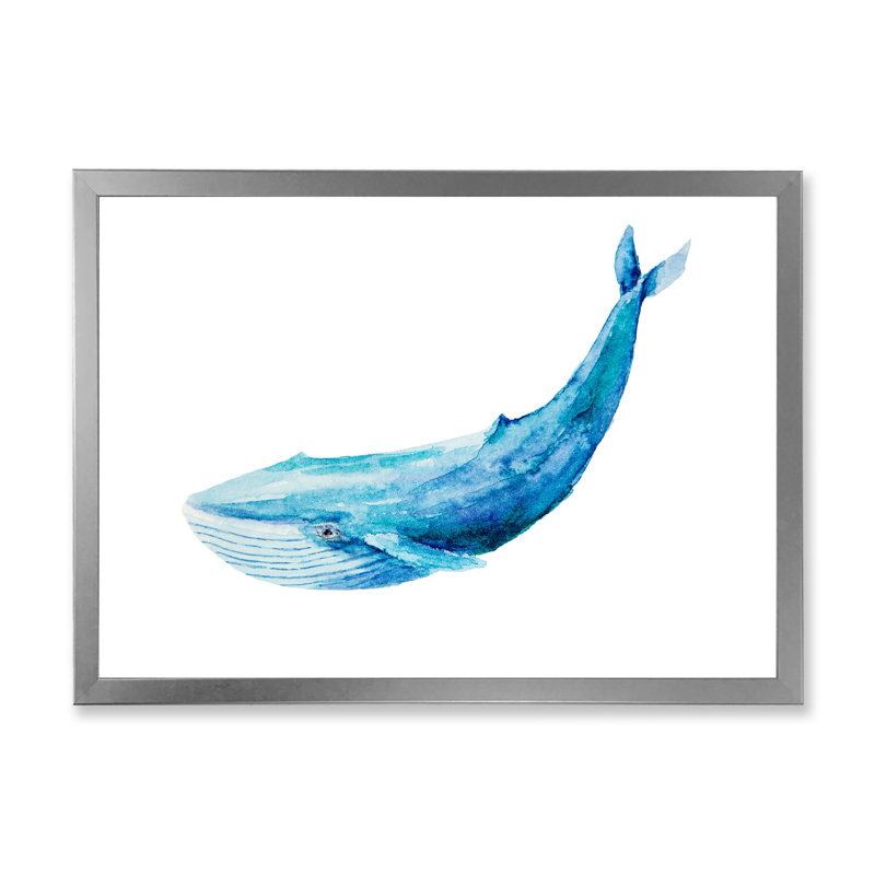 Baleine bleue sur fond blanc II - peinture sur toile, H 30 po x l 40 po, Toile argentée avec cadre d'angle fermé