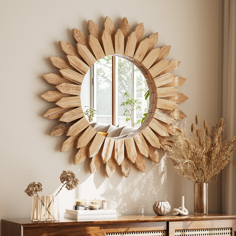 Decorative Wood Framed Round Mirror, 20" x 20", Natural Wood