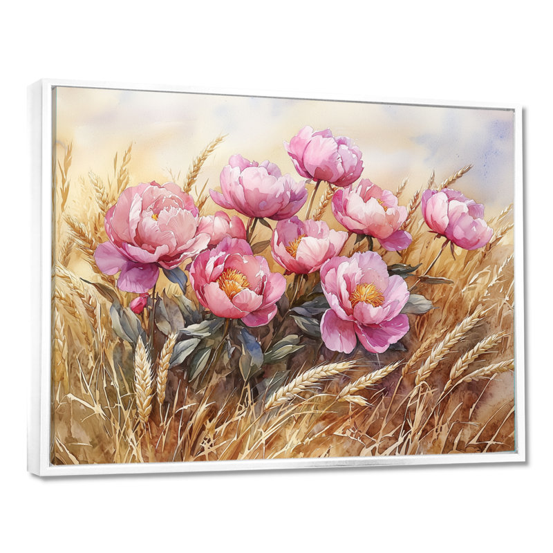 Ikisha pivoines dans le champ de blé II - pivoines, art mural, H 16 po x l 32 po, Picture Framed Print, Blanc