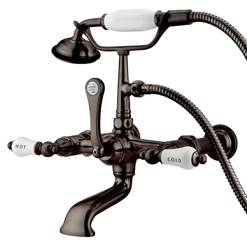 Kingston Brass Vintage Three-Handle 2-Hole Tub Wall Mount Clawfoot Tub Faucet with Hand Shower, Oil Rubbed Bronze