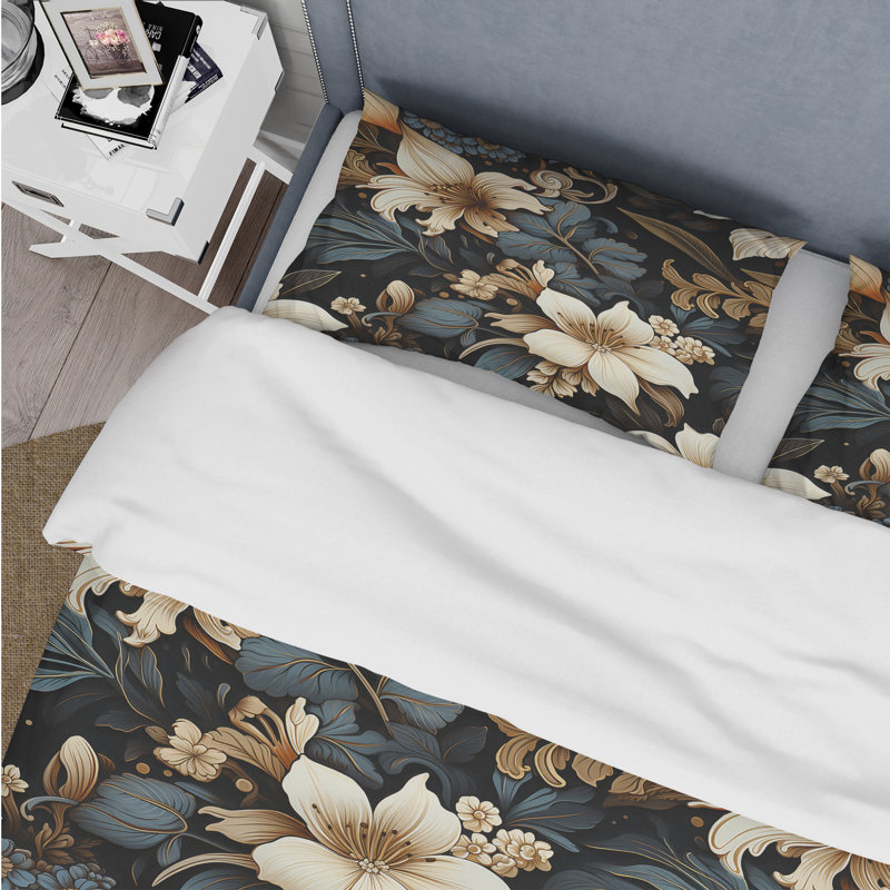 Literie Vintage Noir Moody Patterns II, Housse de couette pour grand lit et 2 taies décor